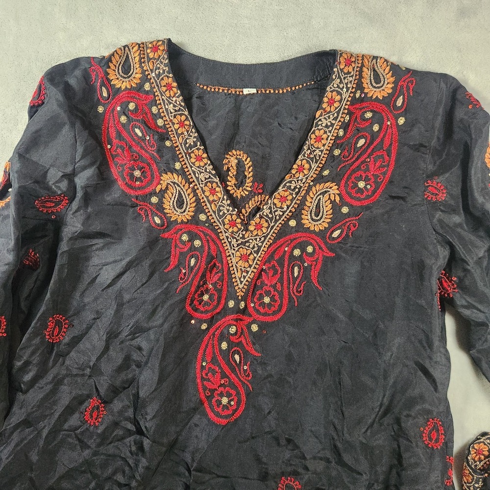 Boho Embroidered Black Gold Orange Beaded Maxi Kaftan Abaya Dress L Bohemian - Picture 4 of 8